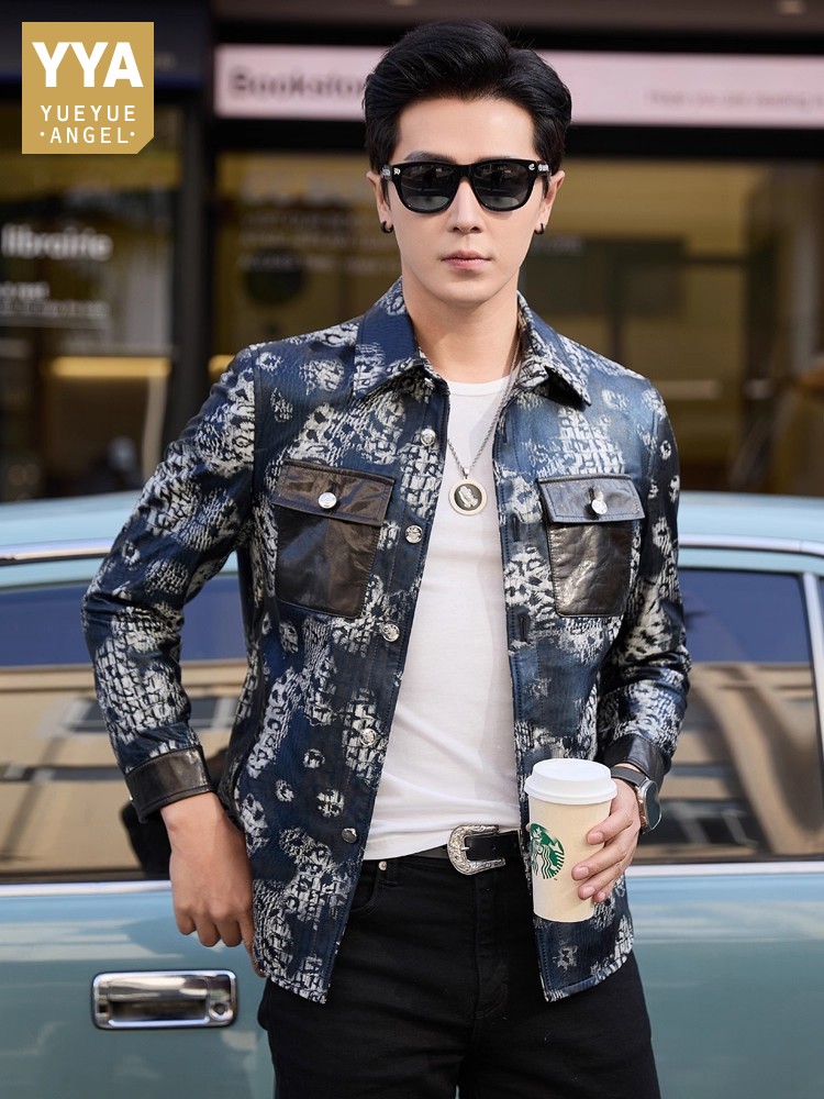 Leatherwork Patterns Free - เสื้อแจ็คเก็ตหนังแกะแท้พิมพ์ลายดอกไม้แฟชั่นใหม่สุดหรูสำหรับผู้ชาย ทรงเข้ารูป กระดุมแถวเดียว สไตล์ลำลองสำหรับงานธุรกิจและทำงาน