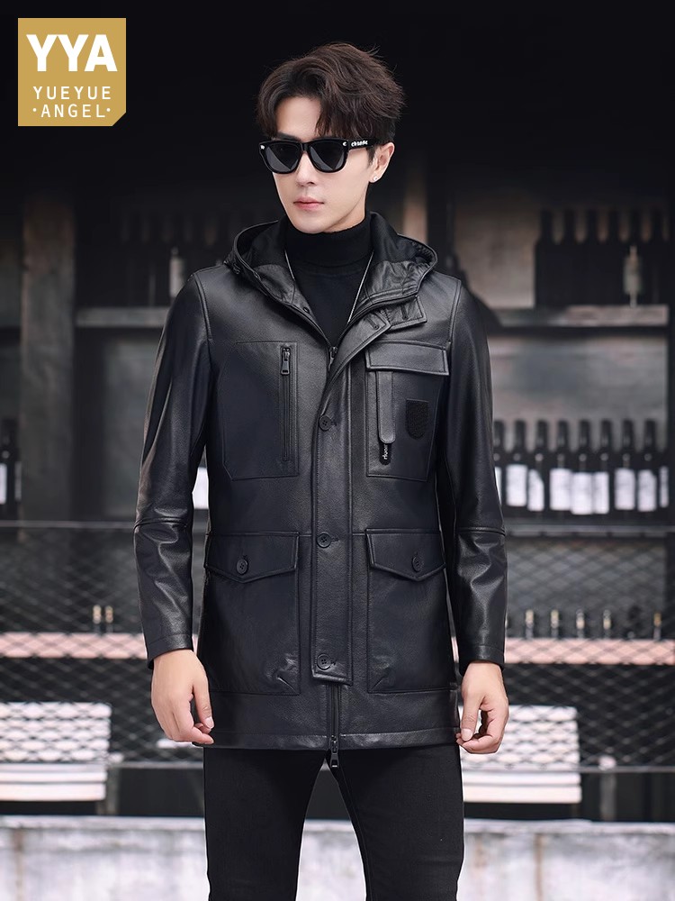 Leather Work Jacket With Hood - เสื้อโค้ทหนังวัวแท้ทรงสลิมฟิตสำหรับผู้ชายใส่ทำงานในฤดูหนาว มีฮู้ด บุขนเป็ด ความยาวปานกลาง มีหลายกระเป๋า กันลม