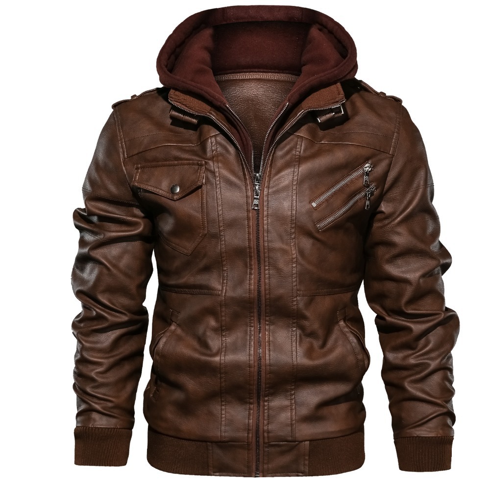 Leather Work Jacket With Hood - เสื้อโค้ทมีฮู้ดสำหรับผู้ชาย แจ็คเก็ตหนัง PU ทรงเข้ารูป ซิป แจ็คเก็ตทำงาน