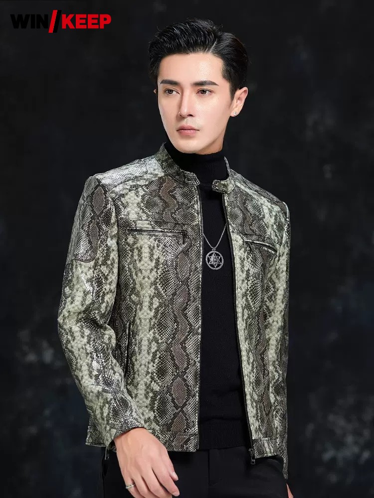 Leatherwork Patterns Free - เสื้อแจ็คเก็ตหนังแกะแท้ลายงูสำหรับผู้ชาย สไตล์สลิมฟิต คอตั้ง แนวโมโตไบค์เกอร์ เหมาะสำหรับใส่ทำงานหรือลำลอง ไซส์