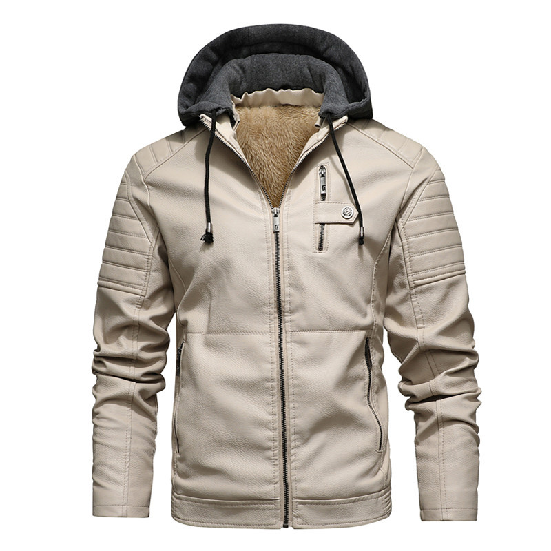 Leather Work Jacket With Hood - เสื้อโค้ทมีฮู้ดสำหรับผู้ชาย หนา อบอุ่น แจ็คเก็ต PU ซิป