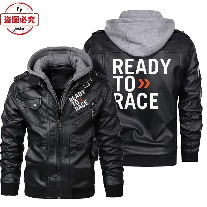 Leather Work Jacket With Hood - เสื้อแจ็คเก็ตหนัง PU แบบมีฮู้ด พิมพ์ลายโลโก้ Ready To