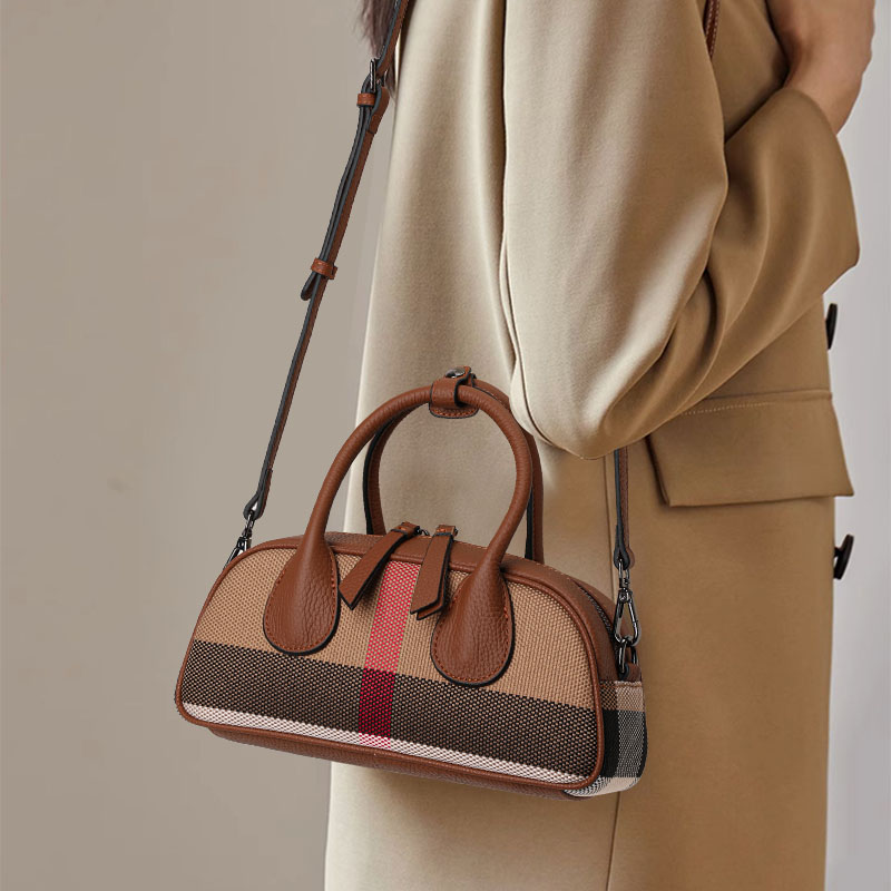 Leatherwork Patterns Free - กระเป๋าโบว์ลิ่งผ้าแคนวาสและหนังสำหรับผู้หญิง กระเป๋าถือขนาดเล็กลายสก๊อตพร้อมสายสะพายถอดได้ เหมาะสำหรับการทำงานและการใช้งานในชีวิตประจำวัน