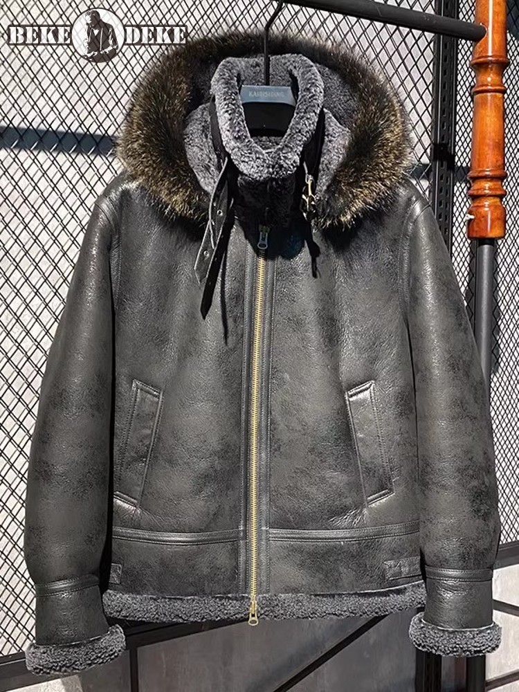 Leather Work Jacket With Hood - เสื้อแจ็คเก็ตหนังแกะบุขนแกะแท้สำหรับผู้ชาย ฤดูหนาว อุ่นสบาย มีฮู้ด ขนแกะธรรมชาติ เสื้อคลุมขนแกะแท้