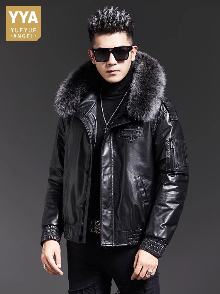 Leather Work Jacket With Hood - เสื้อแจ็คเก็ตบอมเบอร์หนังแกะแท้บุขนเป็ดสำหรับผู้ชาย แฟชั่นฤดูหนาว แต่งปกขนสุนัขจิ้งจอก มีฮู้ด อุ่นสบาย เหมาะสำหรับใส่ทำงานหรือลำลอง