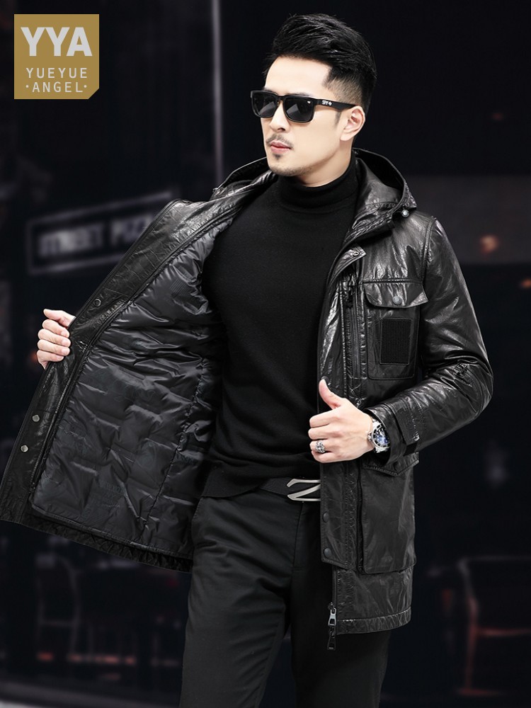 ผู้ชายฤดูหนาวกลางยาวน้ํามันขี้ - Leather Work Jacket With Hood บทวิจารณ์และราคา