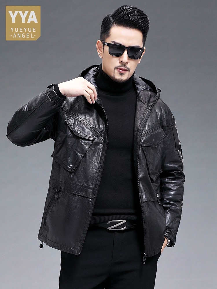 ผู้ชายฤดูหนาว WARM หนังแพะจริง - Leather Work Jacket With Hood บทวิจารณ์และราคา